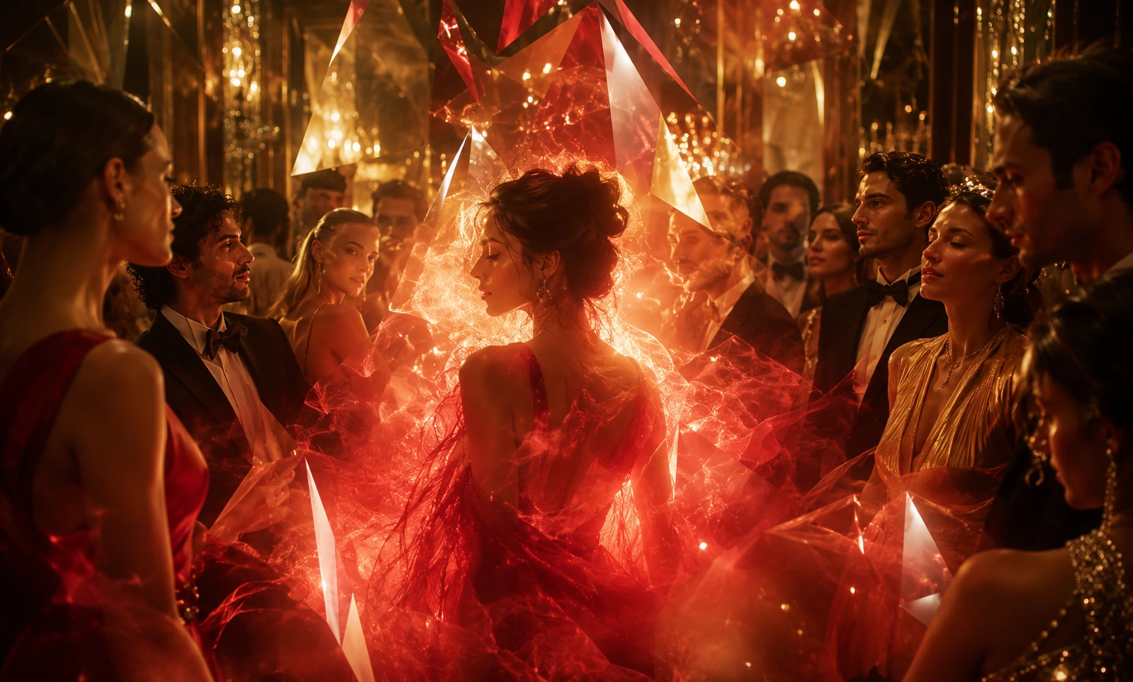 Elegant crowd gathered around a glowing woman in a crystal-lit luxury setting, symbolizing the rise and cultural popularity of Baccarat Rouge 540.