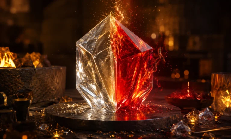 A clear crystal transforming into glowing red crystal with heat and sparks, symbolizing the meaning behind Baccarat Rouge 540 and the origin of the number 540.