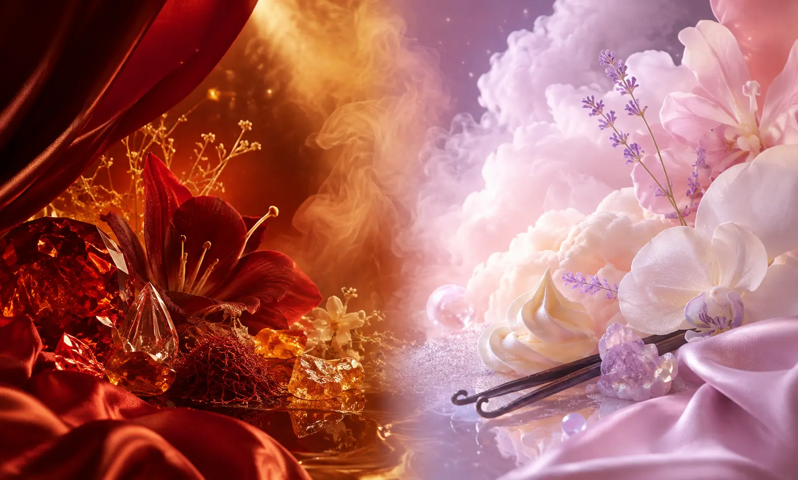 Editorial fragrance comparison image representing Zara Red Temptation vs Ariana Grande Cloud through warm amber notes and soft creamy sweetness