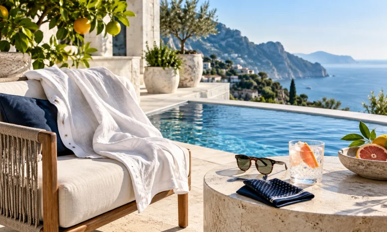 Luxury summer terrace with linen shirt, citrus, and blue pool representing the best Bleu de Chanel version for hot weather