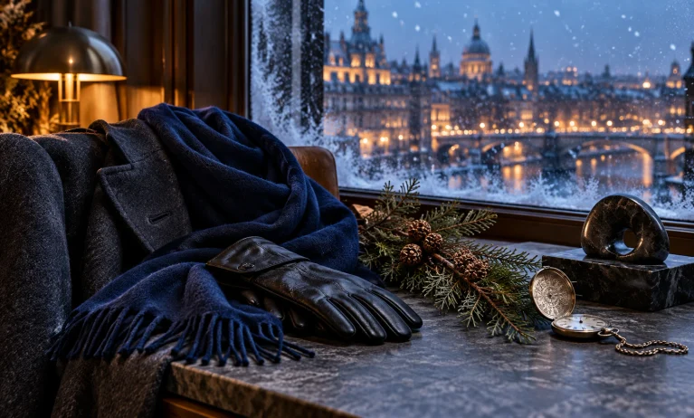 Elegant winter scene with navy wool, leather gloves, cedar branches, and a snowy city view representing the best Bleu de Chanel for cold weather.