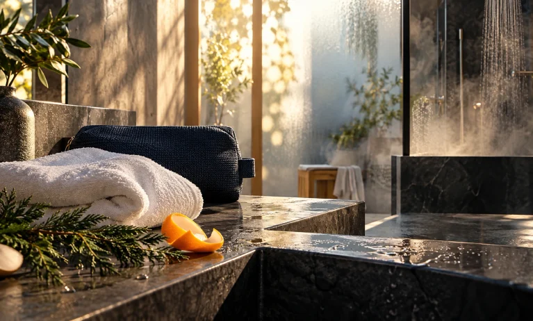 Luxury post-shower grooming scene with fresh towels, citrus peel, cedar, and a navy toiletry pouch representing Bleu de Chanel All-Over Spray.