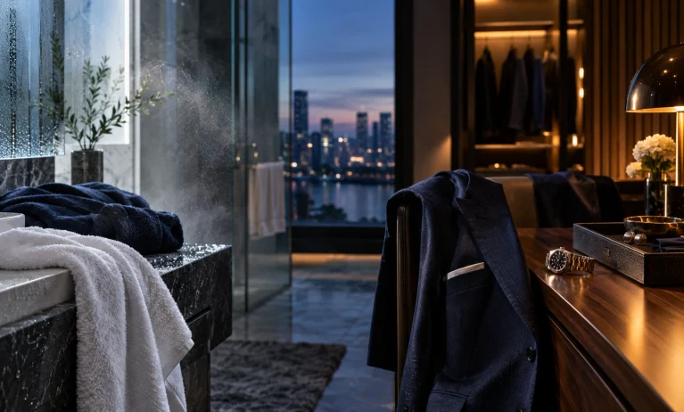 Elegant blue-hour grooming scene comparing a fresh post-shower routine with a refined evening fragrance experience