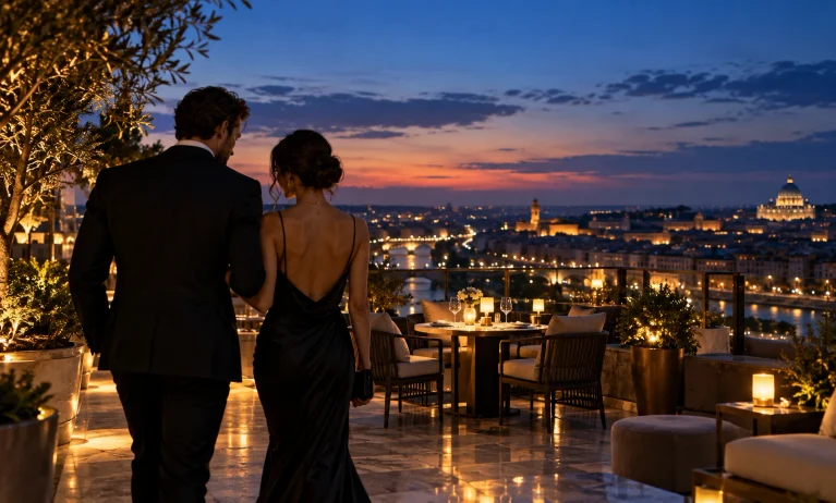 Elegant couple arriving for a romantic rooftop dinner at sunset, representing Bleu de Chanel for dates and night out