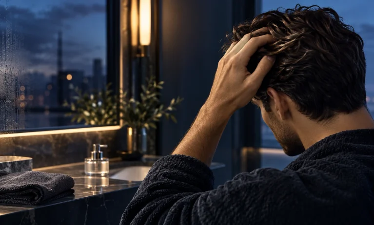 Man applying a luxury leave-in hair care product in a refined blue-toned grooming setting.