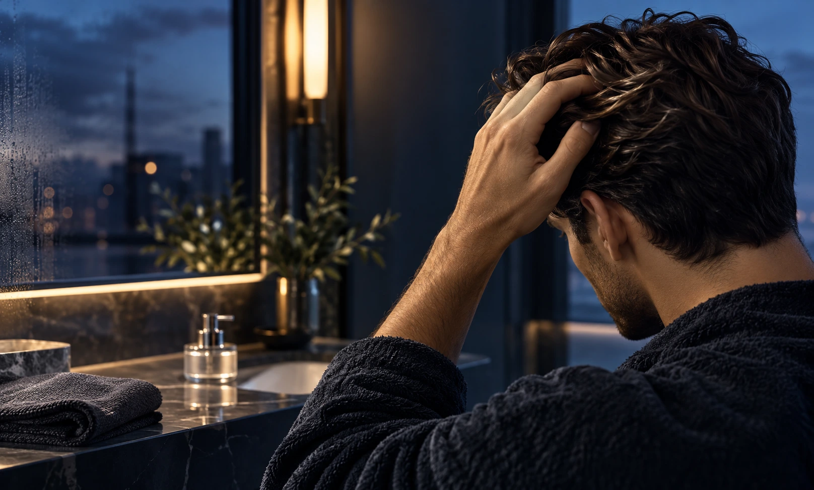 Man applying a luxury leave-in hair care product in a refined blue-toned grooming setting.