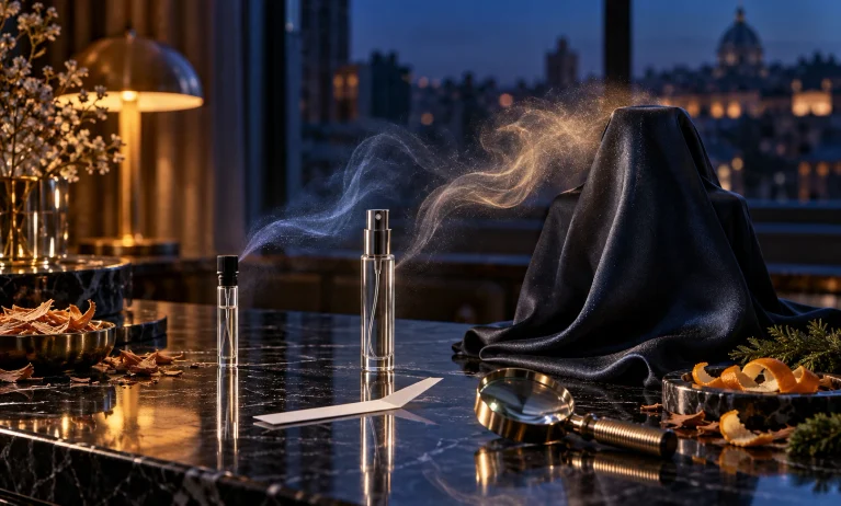 A Bleu de Chanel sample and decant compared with a covered full-size fragrance format, illustrating why scent experiences can differ.