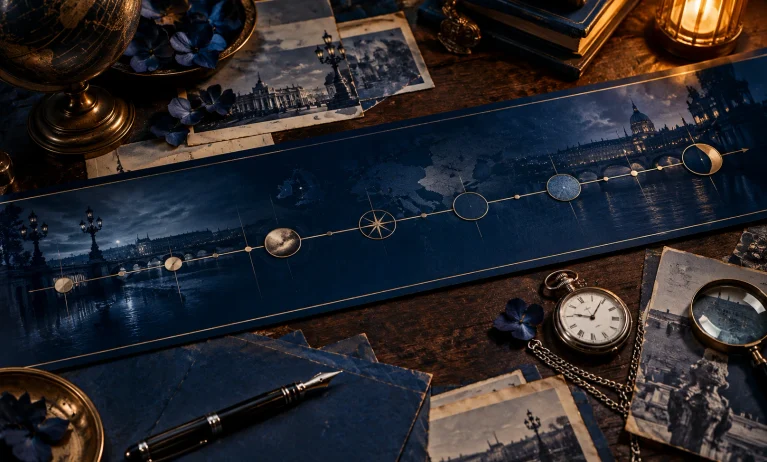 Editorial timeline scene representing the evolution of Bleu de Chanel from its original release to modern editions.