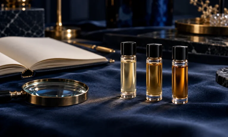 Three fragrance sample vials showing different liquid colors beside a magnifying glass