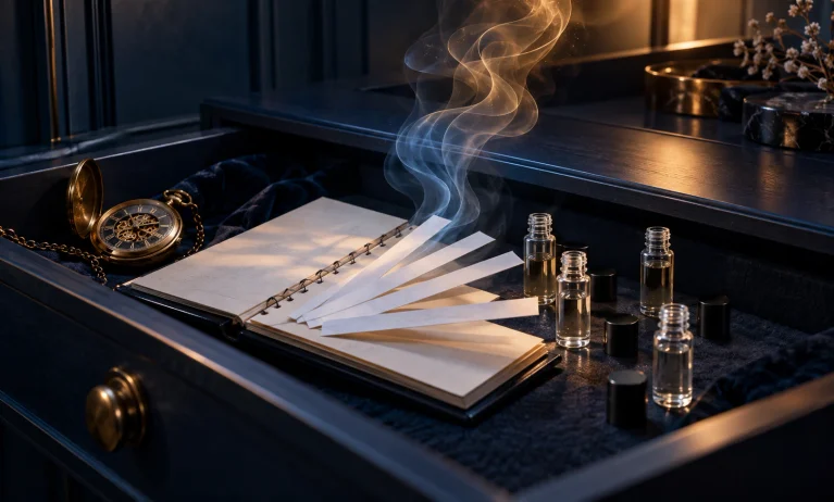 Perfume blotter strips and unbranded sample vials in a dark drawer, illustrating how Bleu de Chanel may change gradually after opening