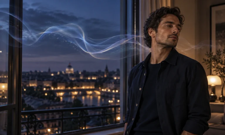 A man near an open window as a soft blue fragrance trail fades into the night, illustrating nose blindness to Bleu de Chanel.