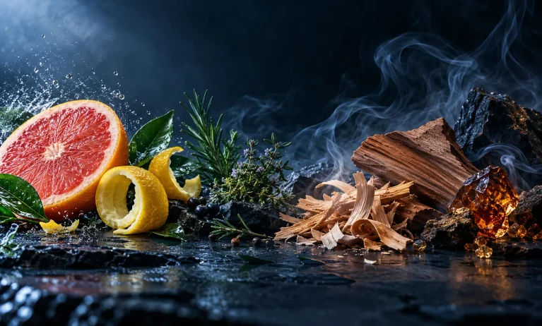 Grapefruit, citrus peel, aromatic herbs, cedarwood, amber resin, and soft smoke representing the evolving notes of Bleu de Chanel
