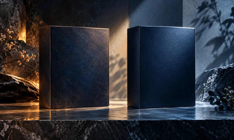 Conceptual old versus new Bleu de Chanel comparison with warm and cool navy presentation cases