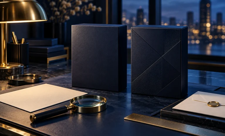 Two premium dark-blue fragrance boxes with different packaging details beside a magnifying glass during an authenticity check