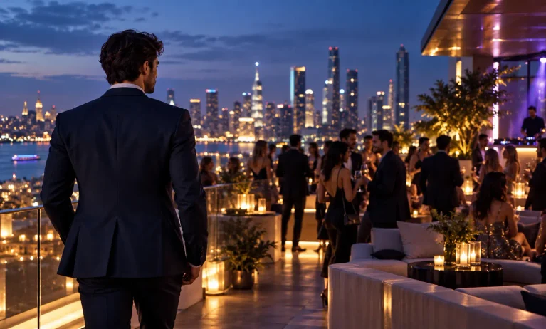 Stylish man arriving at a luxury rooftop party at blue hour, representing Bleu de Chanel for parties and nightlife
