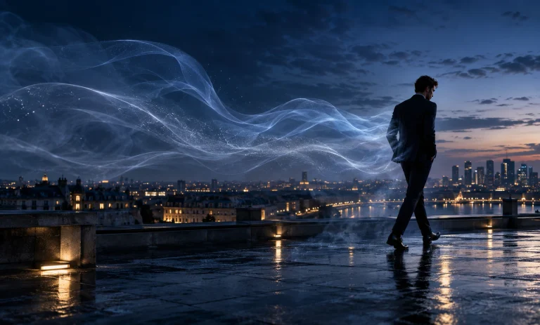 Elegant man walking across a blue-hour rooftop with a luminous fragrance trail illustrating Bleu de Chanel longevity, projection, and sillage