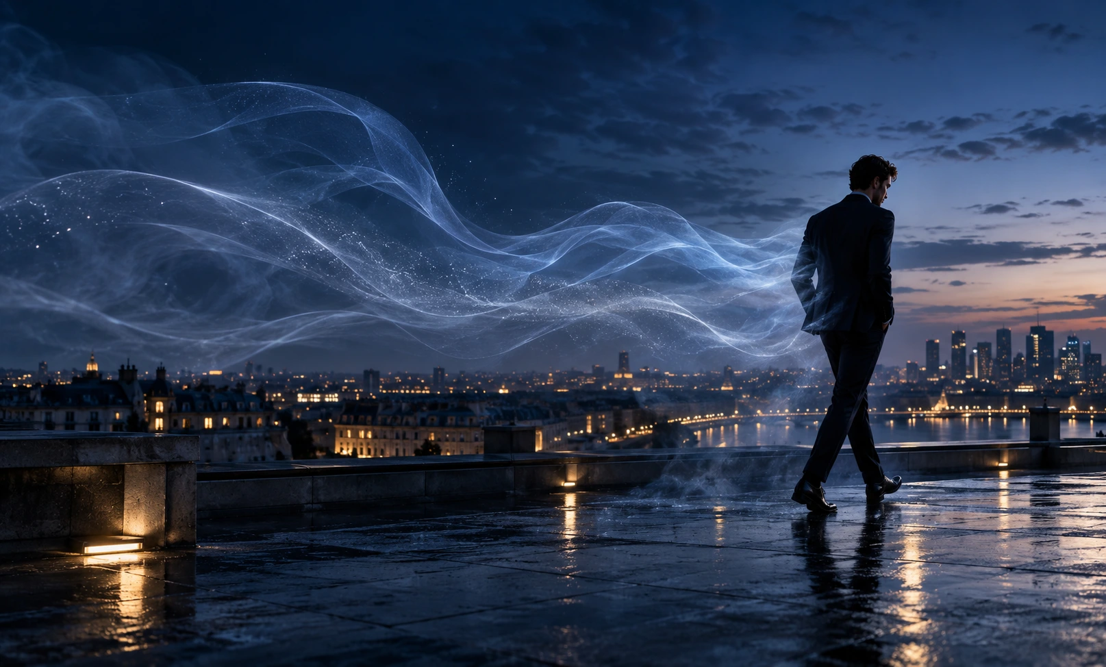 Elegant man walking across a blue-hour rooftop with a luminous fragrance trail illustrating Bleu de Chanel longevity, projection, and sillage