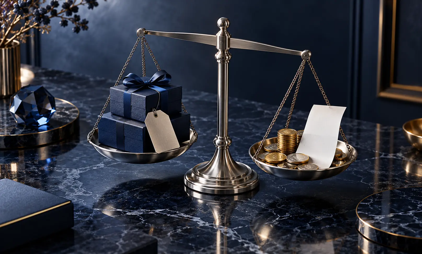 Elegant balance scale comparing luxury fragrance value and price for a smart Bleu de Chanel purchase
