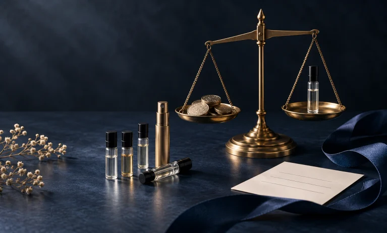 Bleu de Chanel fragrance sample vials balanced against coins to represent smart sample pricing