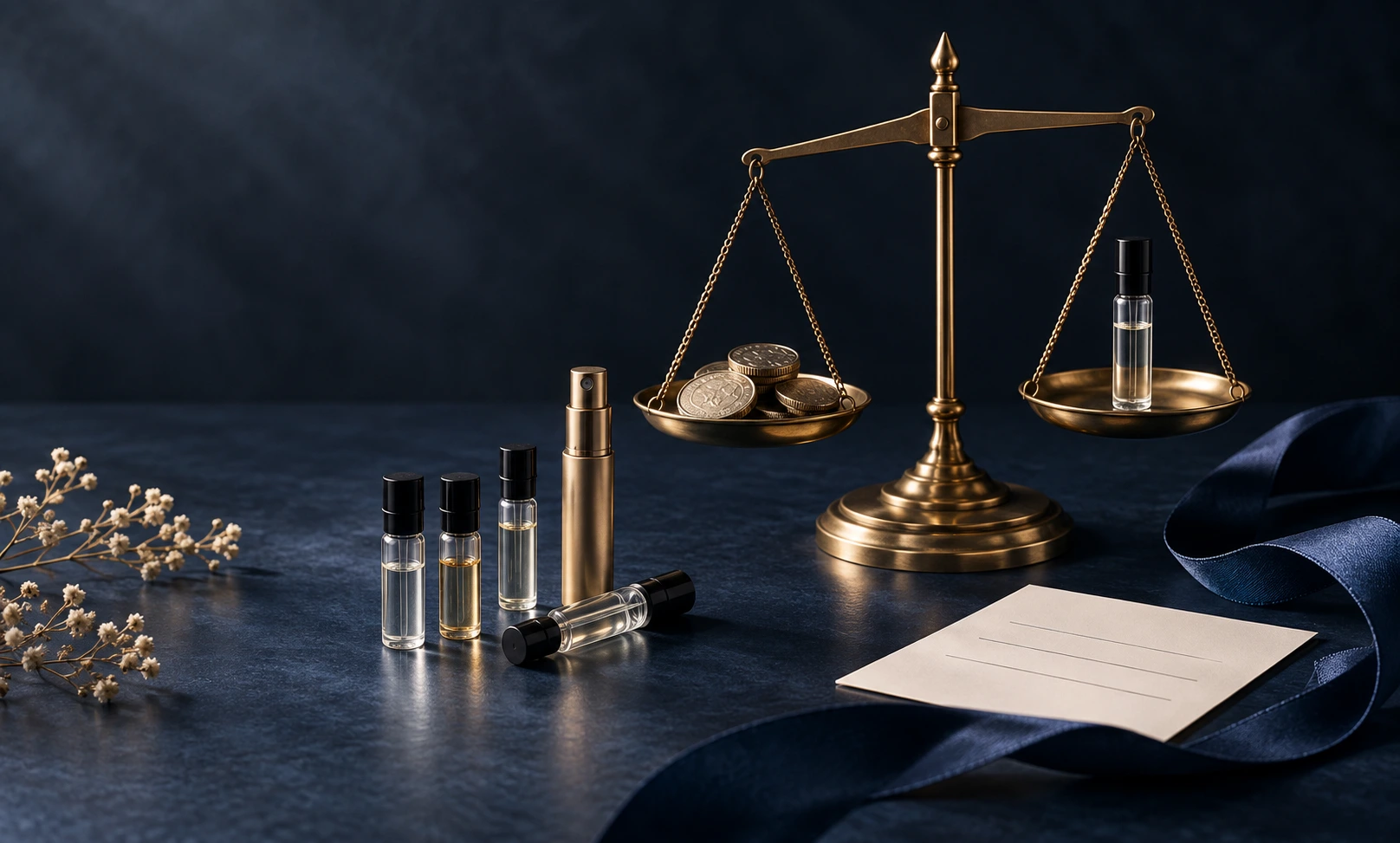 Bleu de Chanel fragrance sample vials balanced against coins to represent smart sample pricing