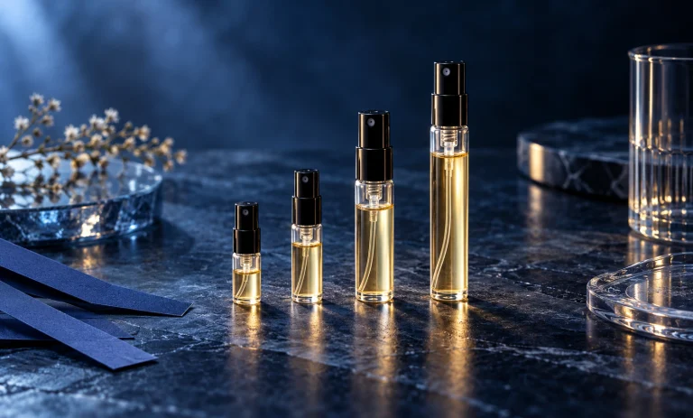 Four Bleu de Chanel fragrance sample atomizers in different sizes for comparing 1ml, 2ml, 5ml, and 10ml options