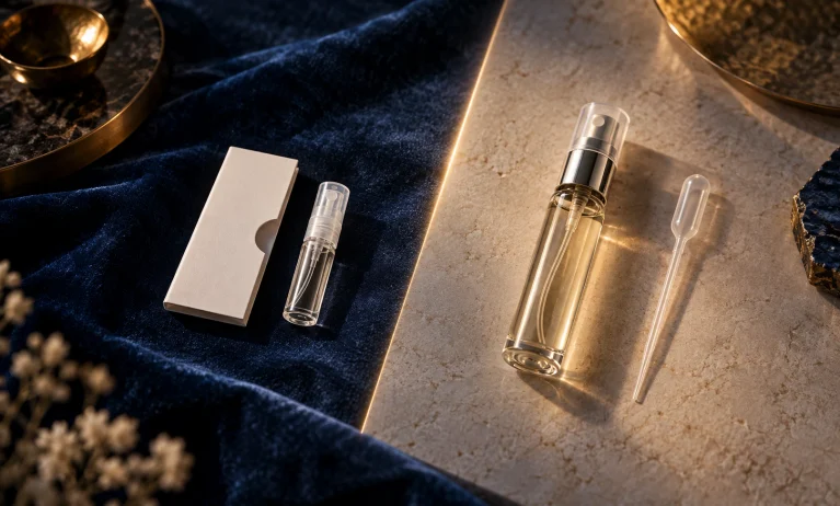 Official fragrance sample vial and larger decant atomizer representing the difference when testing Bleu de Chanel.