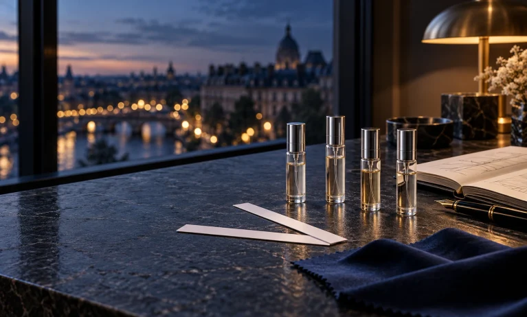 Bleu de Chanel fragrance samples arranged for a thoughtful comparison before buying a full bottle