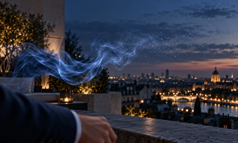 Blue fragrance mist gradually fading into the evening air above a city rooftop, representing why Bleu de Chanel can seem weak or fade quickly.