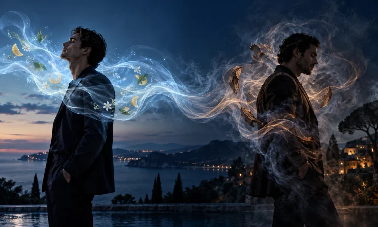 Two men experiencing Bleu de Chanel differently, with fresh citrus-blue vapor around one and warm smoky woody vapor around the other