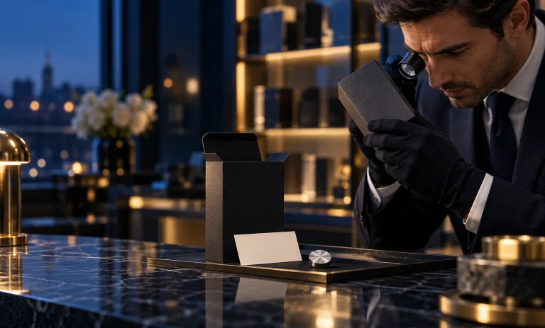 Luxury fragrance buyer inspecting an unbranded tester box for authenticity before buying Bleu de Chanel