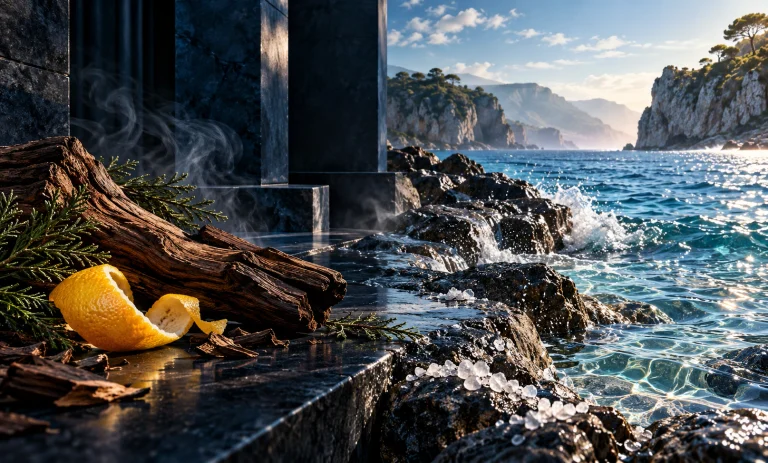Cinematic contrast of dark cedar, citrus, and smoky stone against a bright Mediterranean sea, representing Bleu de Chanel vs Acqua di Giò Profondo.