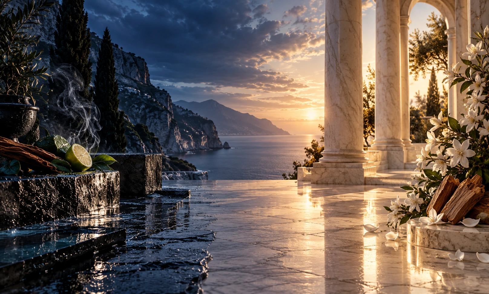 A cinematic contrast of dark coastal woods, citrus mist, incense smoke, white jasmine, and marble columns representing Bleu de Chanel and Amouage Reflection Man.