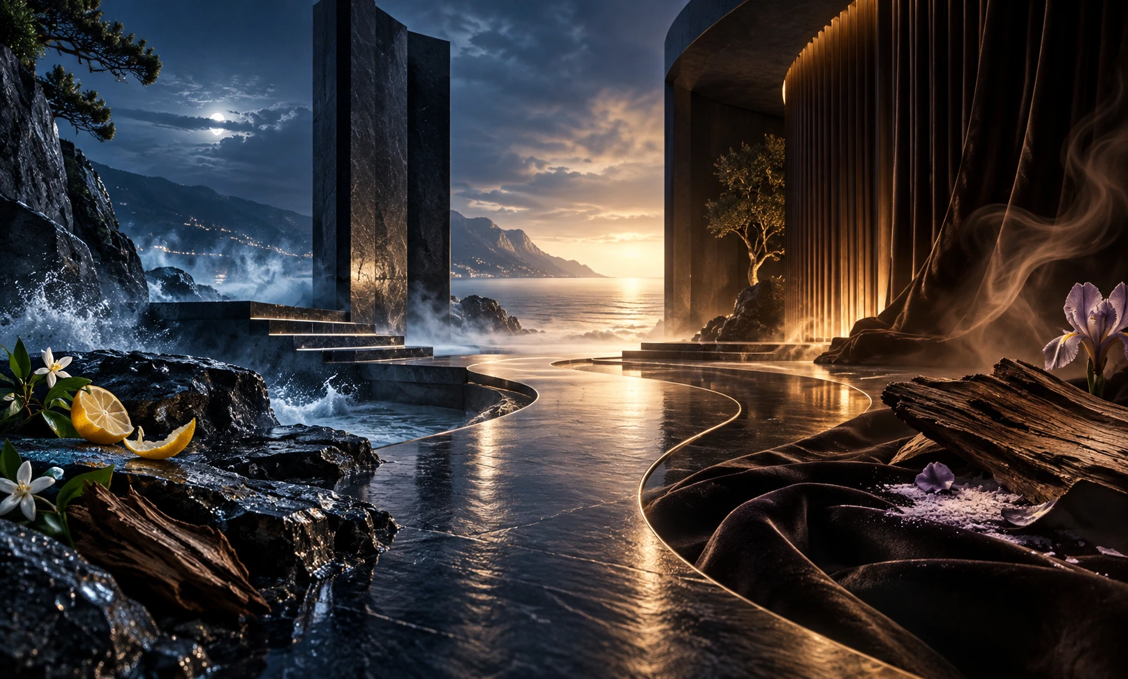 A cinematic contrast of cool blue coastal woods and warm amber elegance representing Bleu de Chanel versus Armani Code Parfum