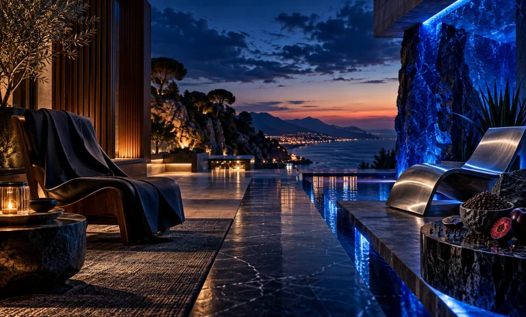 Cinematic blue-hour terrace contrasting Bleu de Chanel’s refined woody elegance with Carolina Herrera Bad Boy Cobalt EDP’s bold mineral-blue energy.