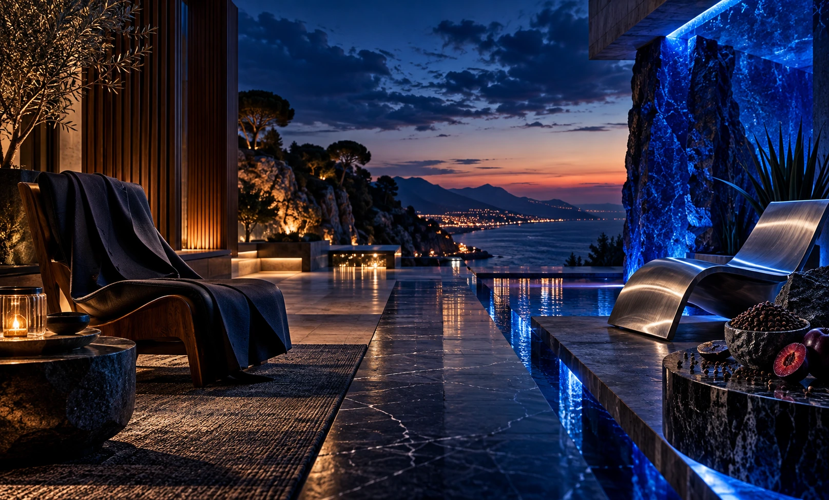 Cinematic blue-hour terrace contrasting Bleu de Chanel’s refined woody elegance with Carolina Herrera Bad Boy Cobalt EDP’s bold mineral-blue energy.