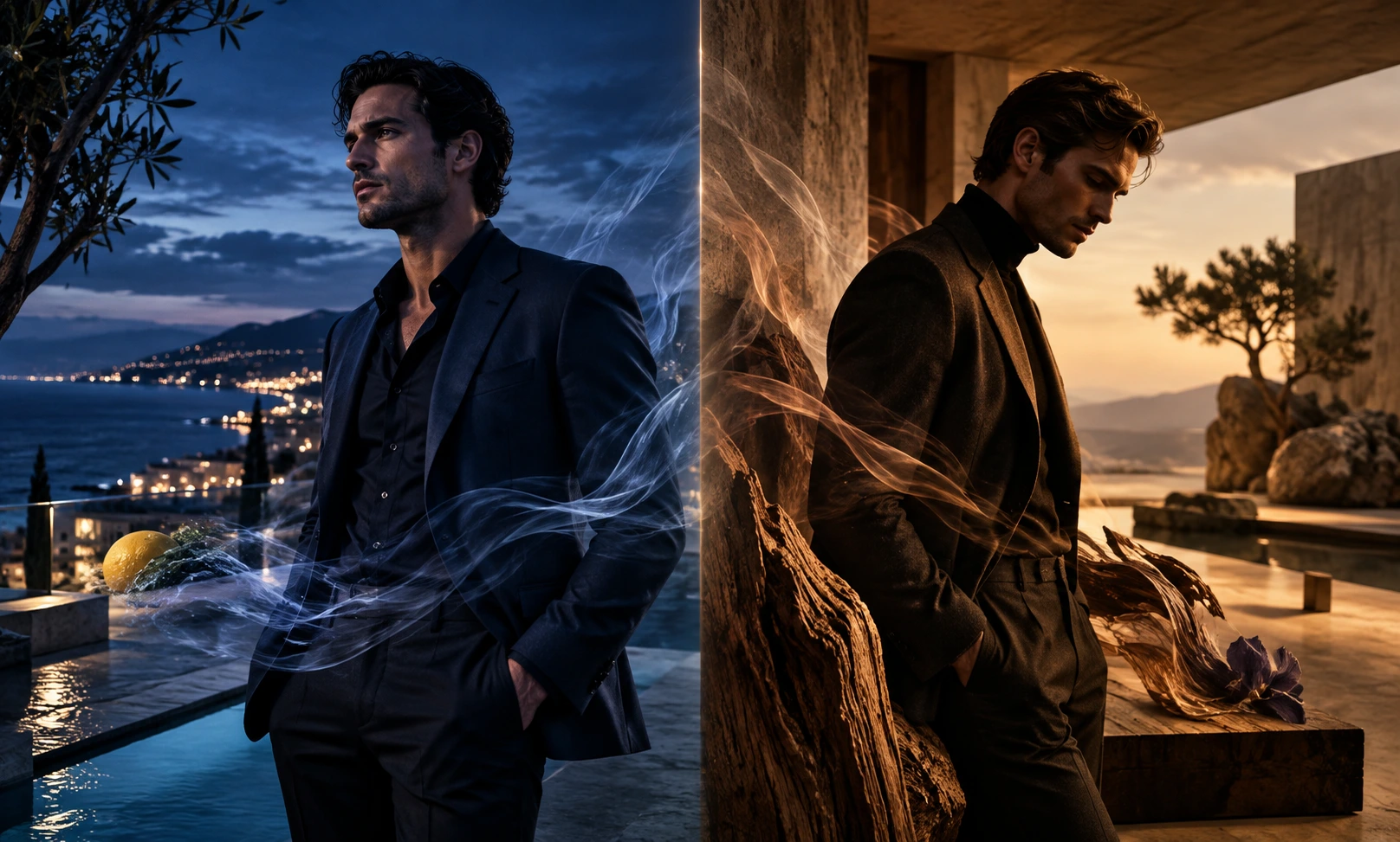 Bleu de Chanel vs Dior Homme 2020 visual comparison featuring cool blue coastal elegance and warm woody sophistication.