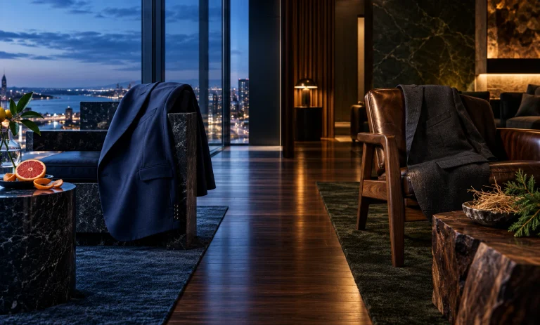 Cinematic comparison of Bleu de Chanel EDP and Givenchy Gentleman Society EDP through contrasting navy and charcoal tailored suits in a luxury interior