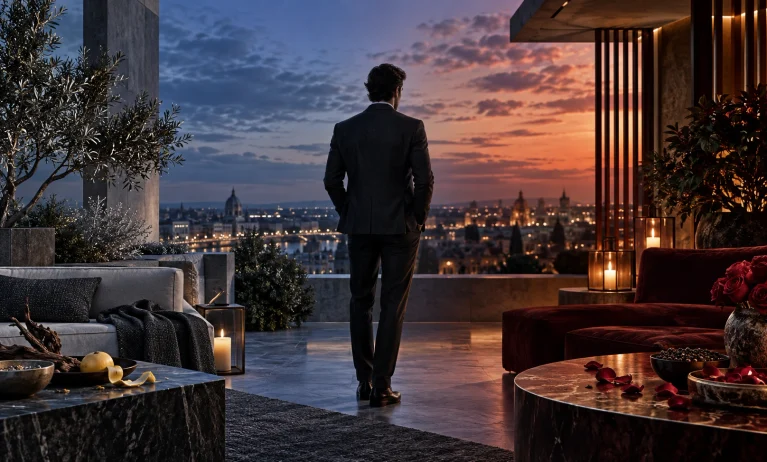 Cinematic fragrance comparison scene showing cool woody elegance versus warm romantic rose and spice for Bleu de Chanel EDP and Gucci Guilty Pour Homme EDP.
