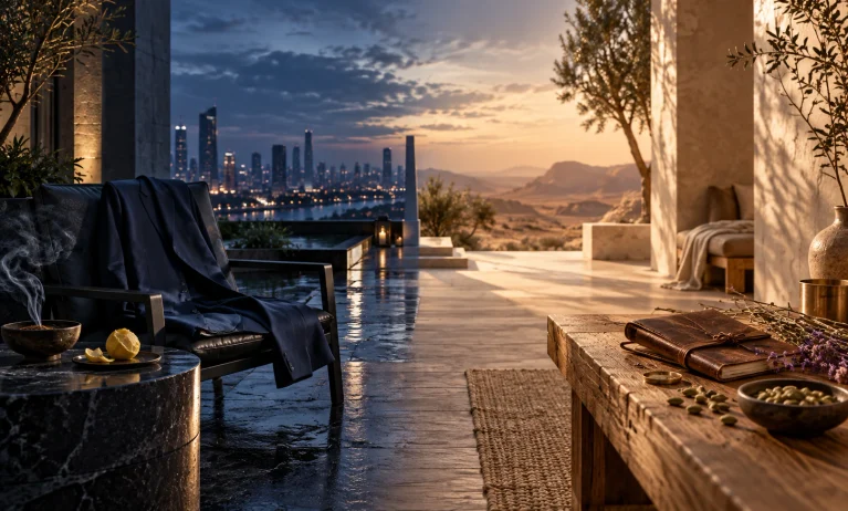 Cinematic contrast between Bleu de Chanel’s refined blue city elegance and Le Labo Santal 33’s warm sandalwood, leather, and desert-inspired character