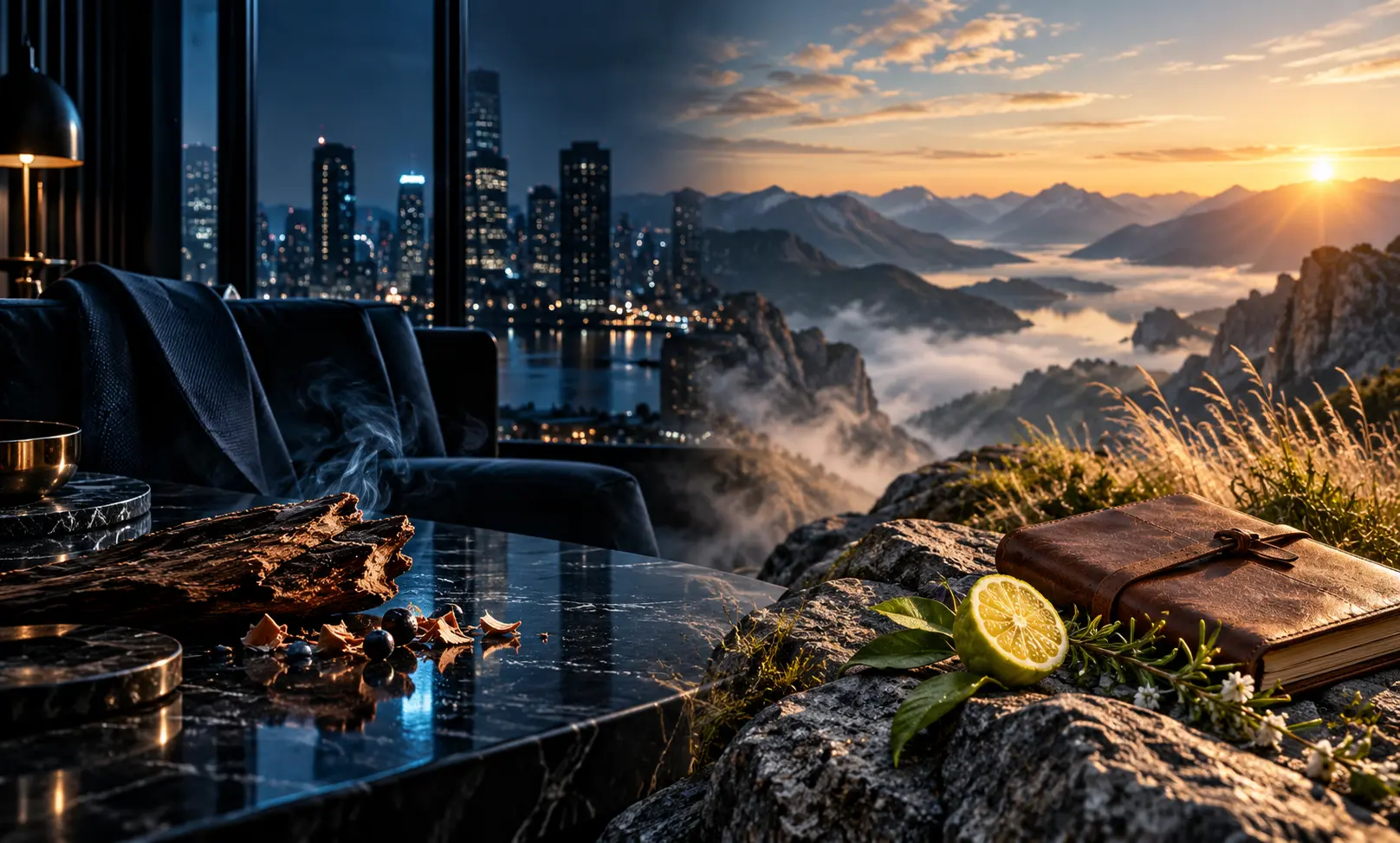 Cinematic contrast between Bleu de Chanel’s refined urban style and Montblanc Explorer’s adventurous woody-fresh character.