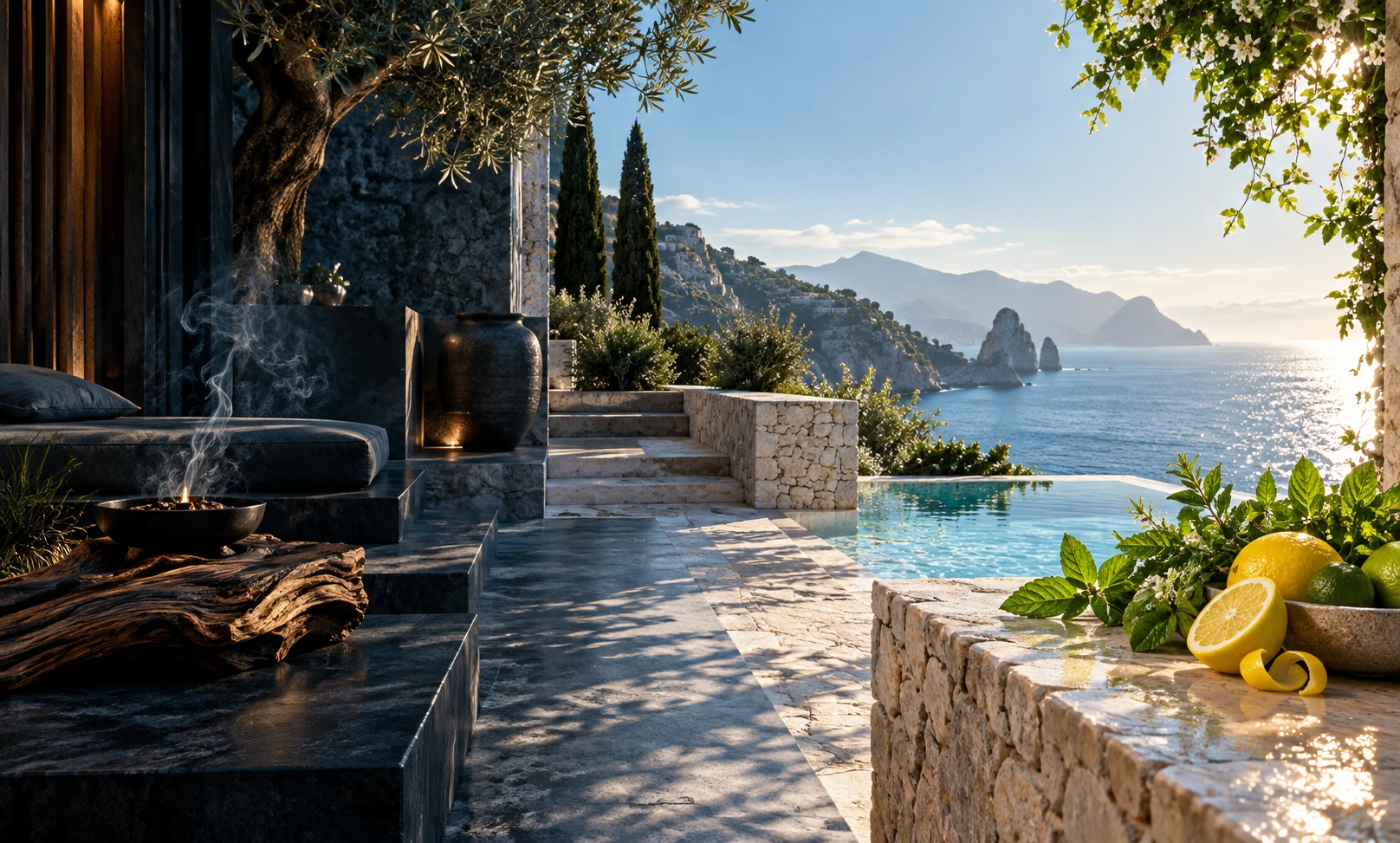Dark cedar and incense atmosphere blending into a sunlit Mediterranean coast with citrus and mint, representing Bleu de Chanel vs Parfums de Marly Sedley.