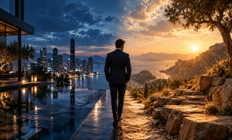 A sophisticated man standing between a sleek modern cityscape and a warm rocky coastal landscape, representing the choice between Bleu de Chanel and Terre d’Hermès.