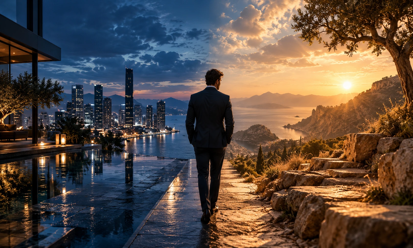 A sophisticated man standing between a sleek modern cityscape and a warm rocky coastal landscape, representing the choice between Bleu de Chanel and Terre d’Hermès.