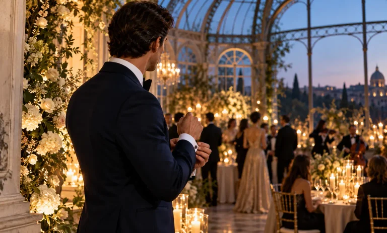 Man in a navy tuxedo adjusting his cufflinks at an elegant evening wedding reception