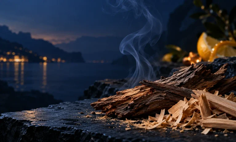 Cedarwood, sandalwood shavings, and soft smoke representing Bleu de Chanel’s woody, smoky, and incense-like scent profile