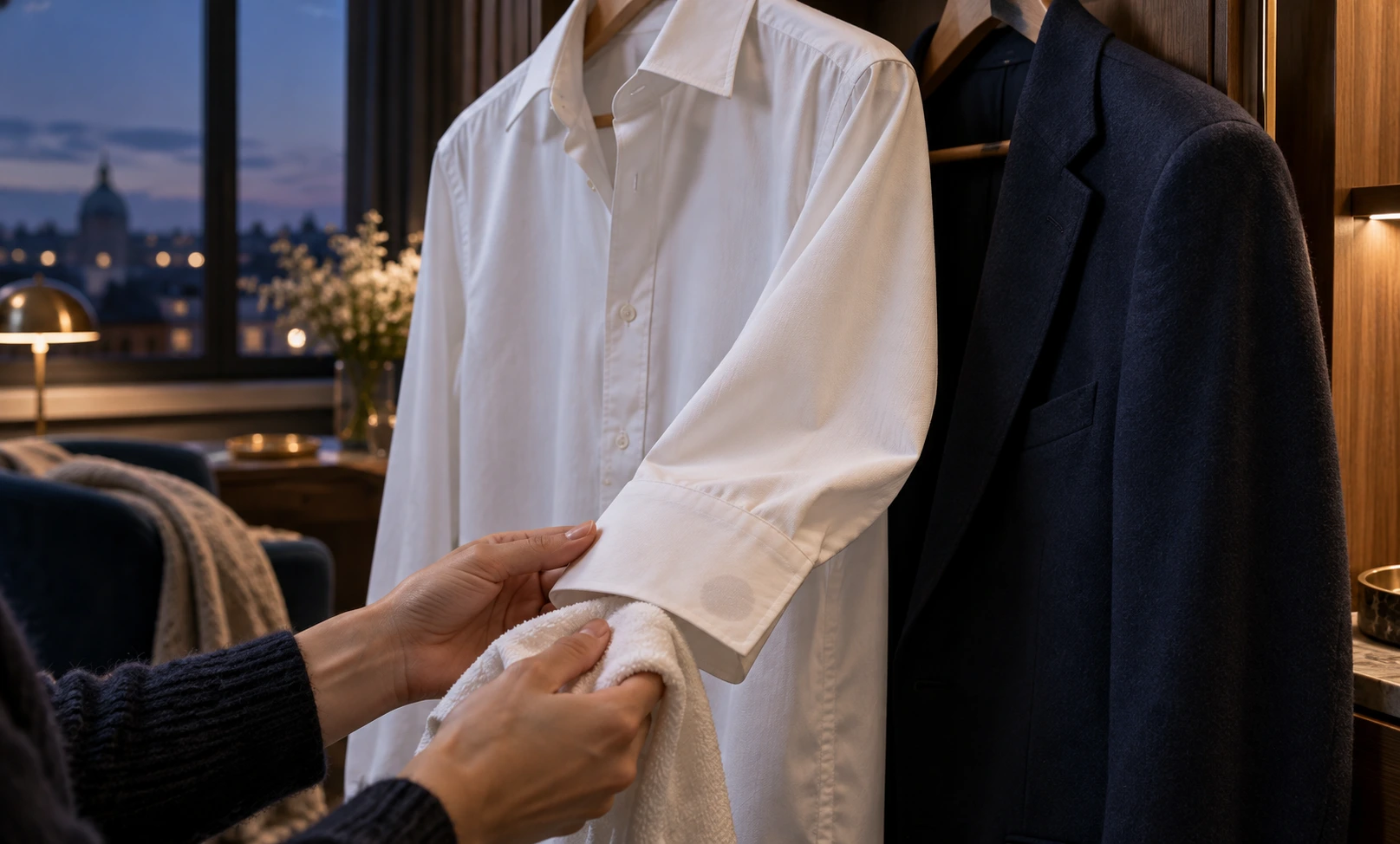 White shirt cuff being gently cleaned after a possible Bleu de Chanel fragrance mark