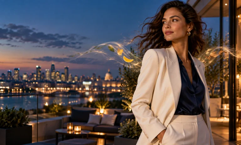 Confident woman wearing a tailored blazer on a rooftop at blue hour, representing the elegant unisex appeal of Bleu de Chanel