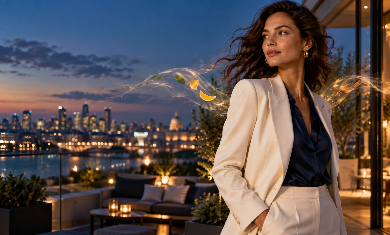 Confident woman wearing a tailored blazer on a rooftop at blue hour, representing the elegant unisex appeal of Bleu de Chanel