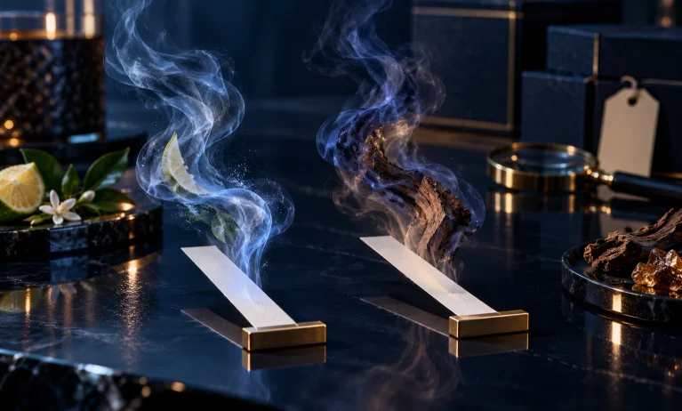 Two fragrance test strips with contrasting fresh citrus and smoky woody scent trails, representing why Bleu de Chanel bottles can smell slightly different.