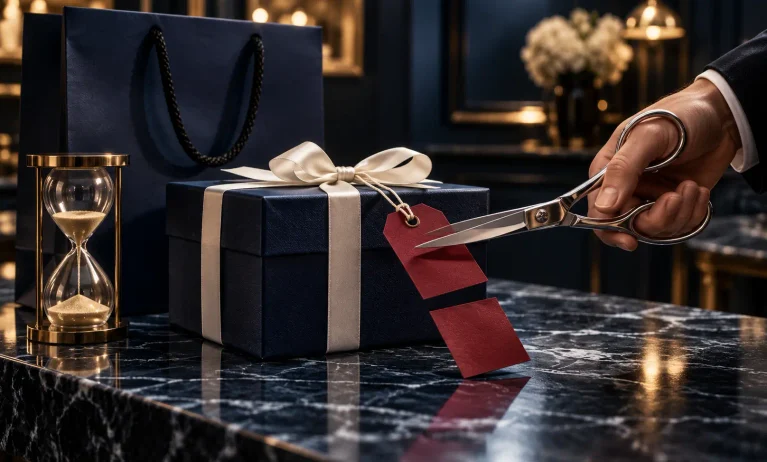 Scissors cutting a red price tag beside navy gift packaging, symbolizing Bleu de Chanel discounts.